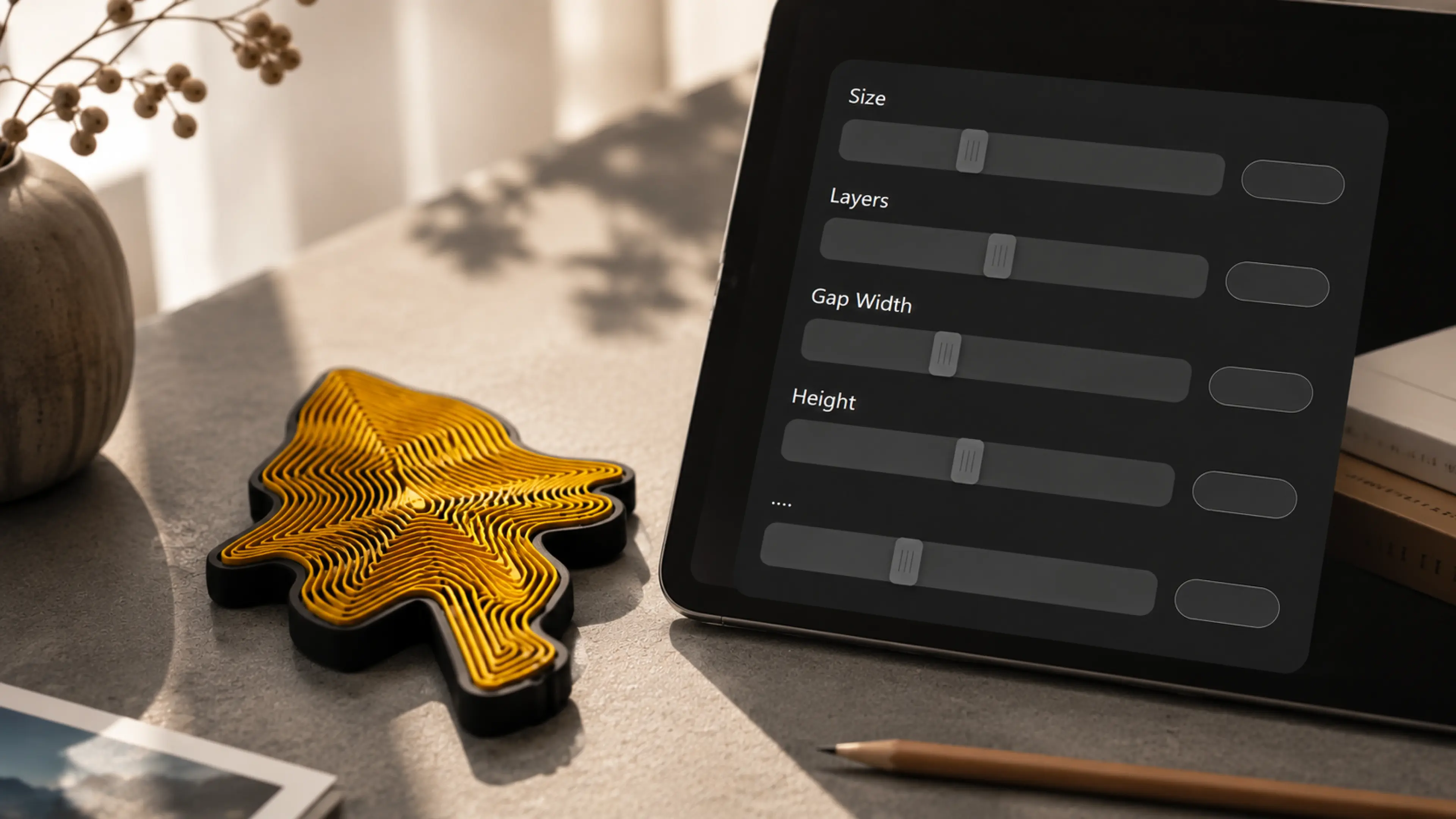 Slider di dimensione, larghezza del gap e strati su un tablet accanto a un giocattolo fidget stampato in 3D