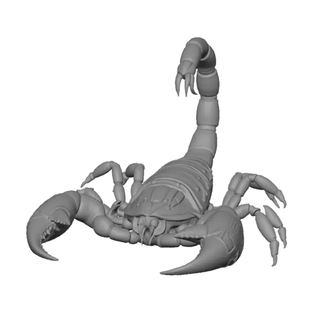 3D model for A bark scorpion, menacing desert arachnid, segmented armored
exoskeleton, two large pincers, eight legs, a long curved tail
raised with a sharp venomous stinger at the tip, reddish-brown
chitin with subtle surface detail, stylized-realistic, full body,
symmetrical neutral A-pose, centered, game-ready creature with
clean PBR textures, no background