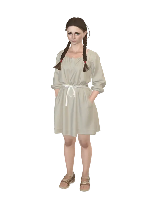 3D model for Prompt: Semi-realistic 3D character of a medieval young woman peasant, farmer girl, beautiful natural face, braided hair, rustic medieval linen dress with apron, standalone character model, neutral clean A-pose, realistic proportions, high-quality PBR textures, game-ready asset style
Negative Prompt: cartoon, stylized, low poly, aggressive pose, modern makeup, extra limbs, distorted fingers, blurry, low resolution, high heels, sci-fi