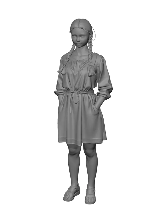 3D model for Prompt: Semi-realistic 3D character of a medieval young woman peasant, farmer girl, beautiful natural face, braided hair, rustic medieval linen dress with apron, standalone character model, neutral clean A-pose, realistic proportions, high-quality PBR textures, game-ready asset style
Negative Prompt: cartoon, stylized, low poly, aggressive pose, modern makeup, extra limbs, distorted fingers, blurry, low resolution, high heels, sci-fi