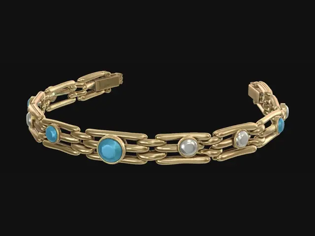 3D model for Golden bracelet with turquoise and pearl cabochons