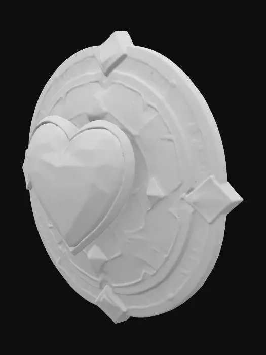 3D model for A stylized 3D model of an upgraded metal shield designed for a young hero in a fantasy adventure game. The shield is circular with a sturdy silversteel face, finely polished and engraved with radiant blue rune patterns that glow softly. The outer rim is reinforced with gold-bronze plating shaped into pixel-inspired notches. At the center lies a large embedded blue crystal that pulses gently, held in place by an ornate socket of arcane metal. The front surface features a raised emblem of a pixelated heart etched in radiant silver. On the back, leather-wrapped handles and adjustable arm straps are secured with bronze studs. Designed with chibi proportions and smooth detailing for use in mid-to-late game progression. Stylized, Fantasy, Game Asset, Legend of Zelda Inspired, Highly Detailed.