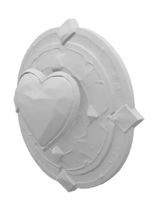 3D model for A stylized 3D model of an upgraded metal shield designed for a young hero in a fantasy adventure game. The shield is circular with a sturdy silversteel face, finely polished and engraved with radiant blue rune patterns that glow softly. The outer rim is reinforced with gold-bronze plating shaped into pixel-inspired notches. At the center lies a large embedded blue crystal that pulses gently, held in place by an ornate socket of arcane metal. The front surface features a raised emblem of a pixelated heart etched in radiant silver. On the back, leather-wrapped handles and adjustable arm straps are secured with bronze studs. Designed with chibi proportions and smooth detailing for use in mid-to-late game progression. Stylized, Fantasy, Game Asset, Legend of Zelda Inspired, Highly Detailed.