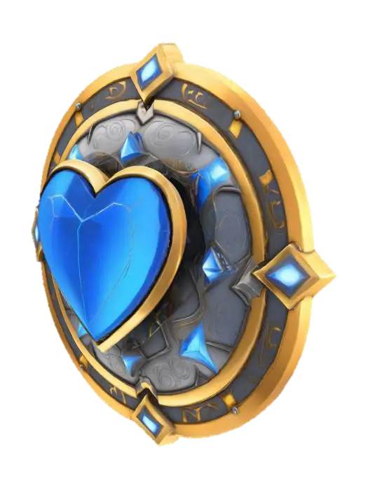 3D model for A stylized 3D model of an upgraded metal shield designed for a young hero in a fantasy adventure game. The shield is circular with a sturdy silversteel face, finely polished and engraved with radiant blue rune patterns that glow softly. The outer rim is reinforced with gold-bronze plating shaped into pixel-inspired notches. At the center lies a large embedded blue crystal that pulses gently, held in place by an ornate socket of arcane metal. The front surface features a raised emblem of a pixelated heart etched in radiant silver. On the back, leather-wrapped handles and adjustable arm straps are secured with bronze studs. Designed with chibi proportions and smooth detailing for use in mid-to-late game progression. Stylized, Fantasy, Game Asset, Legend of Zelda Inspired, Highly Detailed.