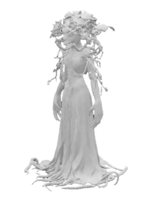 3D model for A stylized 3D model of a monstrous plant queen, designed as a corrupted forest dungeon boss. Towering form combines elegance and decay. Her humanoid shape is draped in wilting floral robes, made of oversized, mold-streaked petals and twisted vines. Her face is mask-like, with cracked bark and luminous green eyes, partially hidden beneath a flowering crown of fungal blooms and poisonous orchids. Her limbs are overgrown with moss and thorny roots, and her left arm ends in a giant, blooming Venus flytrap-like maw that drips with bioluminescent sap.
Creeping tendrils emerge from her back, slowly slithering across the ground. Designed as a toxic nature-themed boss for a corrupted glade or sacred grove. Stylized, Fantasy, Game Asset, Full Body, Highly Detailed, Legend of Zelda.