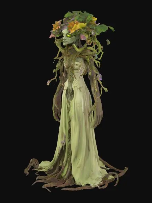 3D model for A stylized 3D model of a monstrous plant queen, designed as a corrupted forest dungeon boss. Towering form combines elegance and decay. Her humanoid shape is draped in wilting floral robes, made of oversized, mold-streaked petals and twisted vines. Her face is mask-like, with cracked bark and luminous green eyes, partially hidden beneath a flowering crown of fungal blooms and poisonous orchids. Her limbs are overgrown with moss and thorny roots, and her left arm ends in a giant, blooming Venus flytrap-like maw that drips with bioluminescent sap.
Creeping tendrils emerge from her back, slowly slithering across the ground. Designed as a toxic nature-themed boss for a corrupted glade or sacred grove. Stylized, Fantasy, Game Asset, Full Body, Highly Detailed, Legend of Zelda.