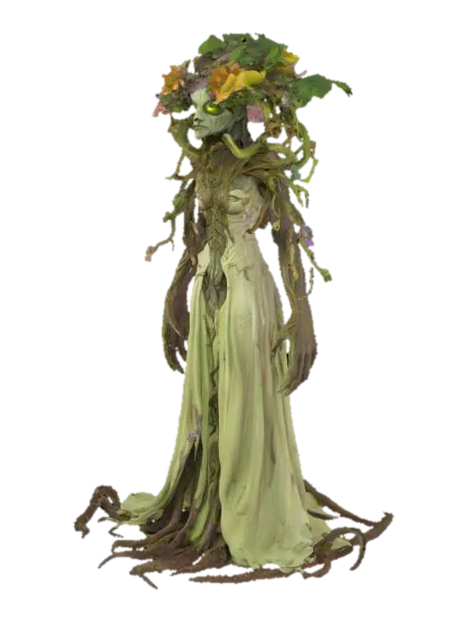 3D model for A stylized 3D model of a monstrous plant queen, designed as a corrupted forest dungeon boss. Towering form combines elegance and decay. Her humanoid shape is draped in wilting floral robes, made of oversized, mold-streaked petals and twisted vines. Her face is mask-like, with cracked bark and luminous green eyes, partially hidden beneath a flowering crown of fungal blooms and poisonous orchids. Her limbs are overgrown with moss and thorny roots, and her left arm ends in a giant, blooming Venus flytrap-like maw that drips with bioluminescent sap.
Creeping tendrils emerge from her back, slowly slithering across the ground. Designed as a toxic nature-themed boss for a corrupted glade or sacred grove. Stylized, Fantasy, Game Asset, Full Body, Highly Detailed, Legend of Zelda.