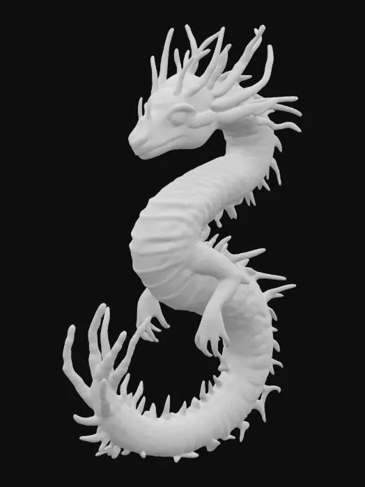 3D model for A stylized 3D model of an ancient sea dragon. The creature has a long, sinuous body covered in barnacle-encrusted dark blue-green scales, ornate coral-like horns branching backward, and glowing bioluminescent lines running along its sides. Its eyes emit a faint teal glow. The tail ends in a spiked fin shaped like kelp leaves. Designed for a fantasy underwater world boss encounter. Stylized, Fantasy, Highly Detailed, Game Asset, Legend of Zelda, League of Legends, World of Warcraft, Full Body, A-Pose, #ocean#
