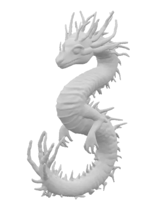 3D model for A stylized 3D model of an ancient sea dragon. The creature has a long, sinuous body covered in barnacle-encrusted dark blue-green scales, ornate coral-like horns branching backward, and glowing bioluminescent lines running along its sides. Its eyes emit a faint teal glow. The tail ends in a spiked fin shaped like kelp leaves. Designed for a fantasy underwater world boss encounter. Stylized, Fantasy, Highly Detailed, Game Asset, Legend of Zelda, League of Legends, World of Warcraft, Full Body, A-Pose, #ocean#