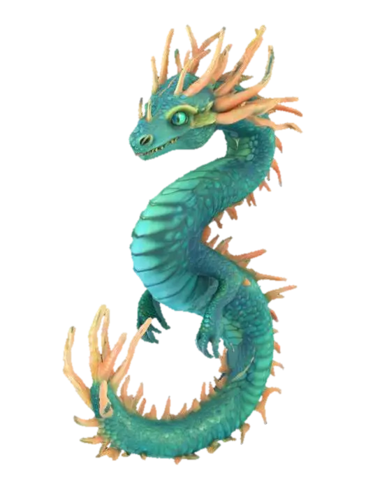 3D model for A stylized 3D model of an ancient sea dragon. The creature has a long, sinuous body covered in barnacle-encrusted dark blue-green scales, ornate coral-like horns branching backward, and glowing bioluminescent lines running along its sides. Its eyes emit a faint teal glow. The tail ends in a spiked fin shaped like kelp leaves. Designed for a fantasy underwater world boss encounter. Stylized, Fantasy, Highly Detailed, Game Asset, Legend of Zelda, League of Legends, World of Warcraft, Full Body, A-Pose, #ocean#