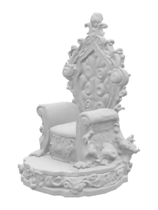 3D model for A stylized 3D model of a majestic throne sculpted from twisting corals in shades of pink, purple, and orange. The backrest features intricate spiral shell patterns and small embedded pearls, with patches of bioluminescent coral adding soft blue highlights. The seat and arms are shaped for a regal merfolk ruler. Designed as a centerpiece environment asset for underwater castles or Atlantean palaces. Stylized, Fantasy, Game Asset, Pixar Style, Highly Detailed. #ocean#