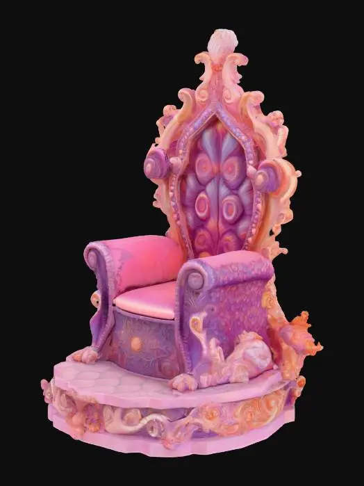 3D model for A stylized 3D model of a majestic throne sculpted from twisting corals in shades of pink, purple, and orange. The backrest features intricate spiral shell patterns and small embedded pearls, with patches of bioluminescent coral adding soft blue highlights. The seat and arms are shaped for a regal merfolk ruler. Designed as a centerpiece environment asset for underwater castles or Atlantean palaces. Stylized, Fantasy, Game Asset, Pixar Style, Highly Detailed. #ocean#