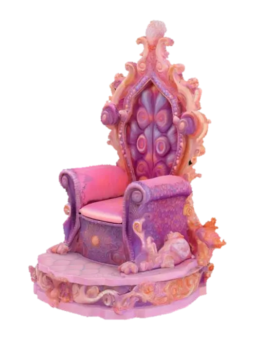 3D model for A stylized 3D model of a majestic throne sculpted from twisting corals in shades of pink, purple, and orange. The backrest features intricate spiral shell patterns and small embedded pearls, with patches of bioluminescent coral adding soft blue highlights. The seat and arms are shaped for a regal merfolk ruler. Designed as a centerpiece environment asset for underwater castles or Atlantean palaces. Stylized, Fantasy, Game Asset, Pixar Style, Highly Detailed. #ocean#