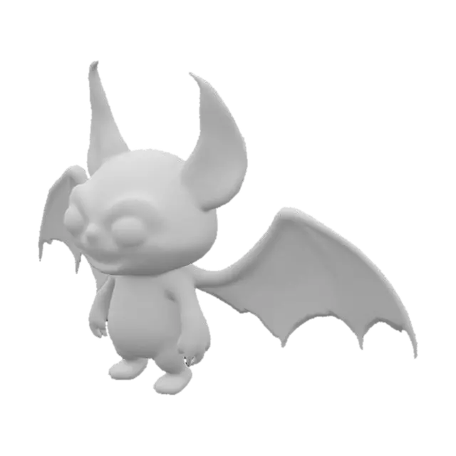 3D model for A stylized 3D model of a corrupted Pixel Bat enemy for a fantasy-tech dungeon setting. It has a small, chibi-sized bat body with torn, glitching wings that flicker with pixel artifacts and floating data shards. Its eyes glow a deep neon red, scanning for the hero, and its mouth is a jagged, corrupted grin dripping digital static. The body texture resembles cracked, dark obsidian with faint circuit patterns pulsing across its surface. Tiny cubes of red and purple data debris orbit it, giving the impression it’s held together by unstable code. When it flaps its wings, glitch lines ripple through its form. Designed as a fast, annoying dungeon foe that bursts into static on defeat. Stylized, Fantasy, Pixel Corruption, Game Asset, Full Body, Highly Detailed, Legend of Zelda, A-Pose.