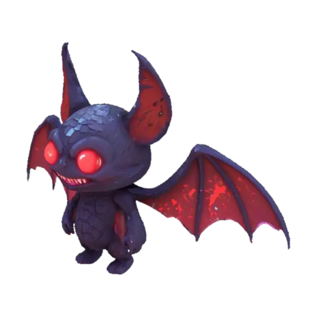 3D model for A stylized 3D model of a corrupted Pixel Bat enemy for a fantasy-tech dungeon setting. It has a small, chibi-sized bat body with torn, glitching wings that flicker with pixel artifacts and floating data shards. Its eyes glow a deep neon red, scanning for the hero, and its mouth is a jagged, corrupted grin dripping digital static. The body texture resembles cracked, dark obsidian with faint circuit patterns pulsing across its surface. Tiny cubes of red and purple data debris orbit it, giving the impression it’s held together by unstable code. When it flaps its wings, glitch lines ripple through its form. Designed as a fast, annoying dungeon foe that bursts into static on defeat. Stylized, Fantasy, Pixel Corruption, Game Asset, Full Body, Highly Detailed, Legend of Zelda, A-Pose.