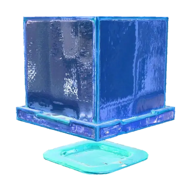 A large, rectangular moving block, designed as a smooth panel of deep blue material, is… 3D model, AI generated