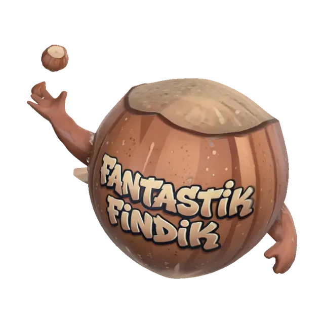 3D model for Brawlstars tarzı elinden fındık fırlatan yuvarlak bir fındık olsun ve üstünde fantastik fındık yazsın