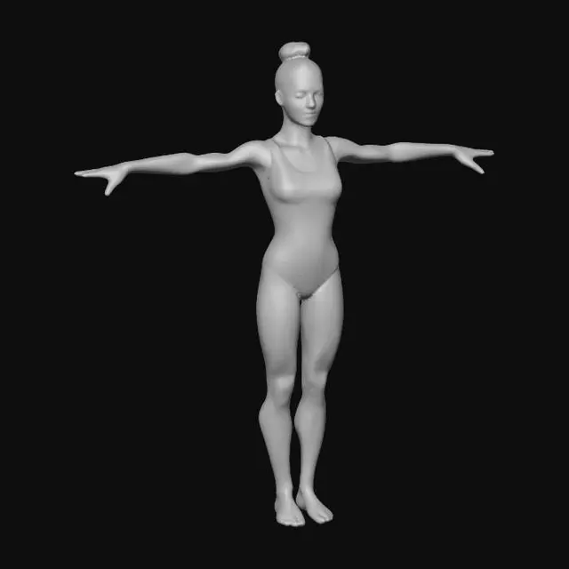 3D model for Full body female character in a professional athletic gymnastics leotard, tight compression fabric, skinny fit, toned core and abdominal definition. Standing in a perfect T-pose, symmetrical. Small proportional chest, slender athletic build. Hair in a neat bun. High-quality 3D scan aesthetic, clean anatomical surfaces, studio lighting. Game development base mesh, modular character design, 8k resolution, neutral grey background. Focus on clear muscle silhouettes and athletic proportions.
