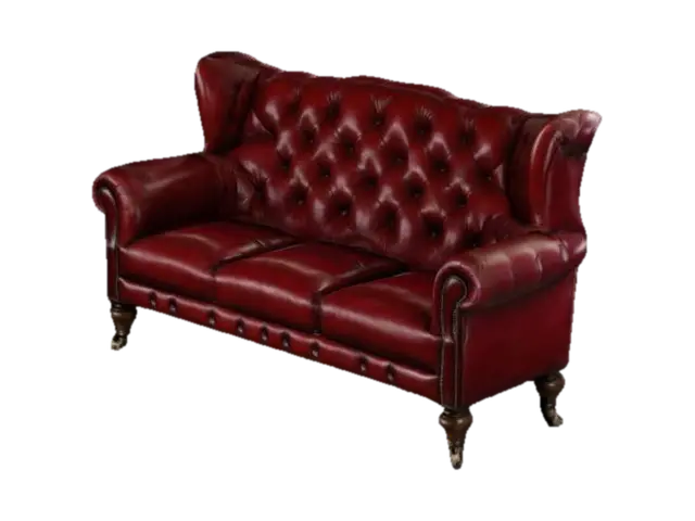 A Deep red three seat leather Victorian chesterfield sofa with dark wood legs and… - Ready 3D model, vytvořený pomocí AI
