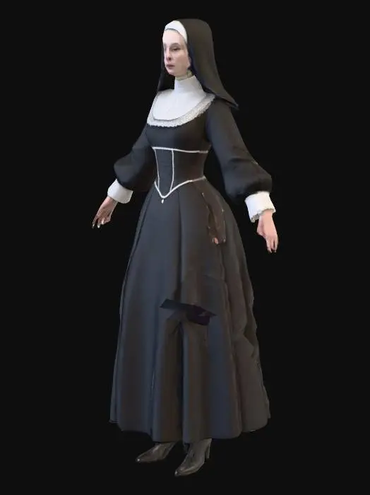 3D model for historical psychological horror-drama film style, 17th century aesthetics, 17th century European fashion, Catherine Willmer as Sister Catherine