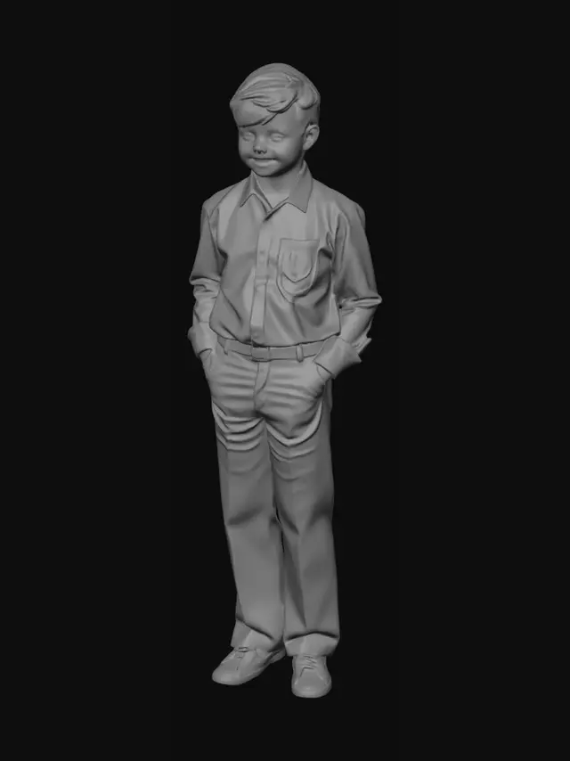 3D model for Soviet children's film style, 1970s aesthetics, casual 1970s suburban Soviet disco fashion, Evaldas Mikaliunas as Tolik (boy)