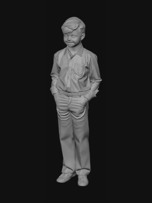 3D model for Soviet children's film style, 1970s aesthetics, casual 1970s suburban Soviet disco fashion, Evaldas Mikaliunas as Tolik (boy)
