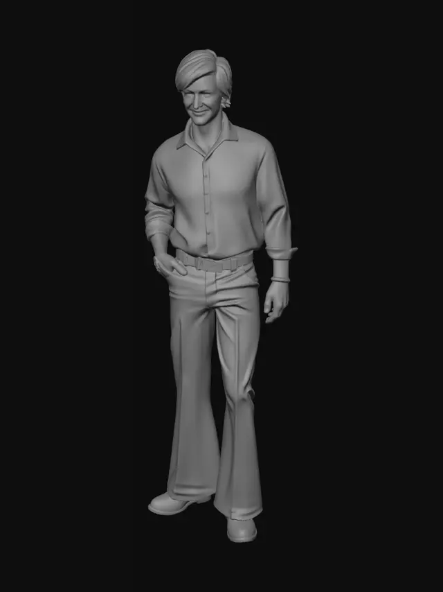 3D model for Soviet children's film style, 1970s aesthetics, casual 1970s suburban Soviet disco fashion, Andrei Kharybin as Mishka (boy)