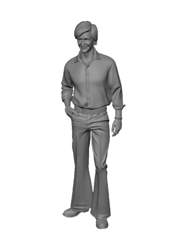 3D model for Soviet children's film style, 1970s aesthetics, casual 1970s suburban Soviet disco fashion, Andrei Kharybin as Mishka (boy)