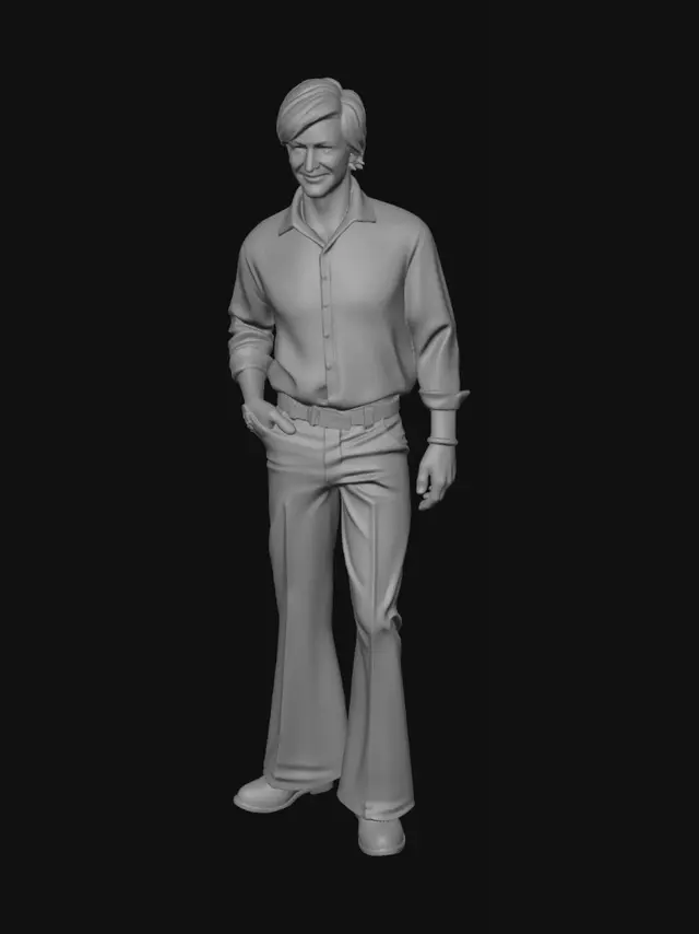3D model for Soviet children's film style, 1970s aesthetics, casual 1970s suburban Soviet disco fashion, Andrei Kharybin as Mishka (boy)