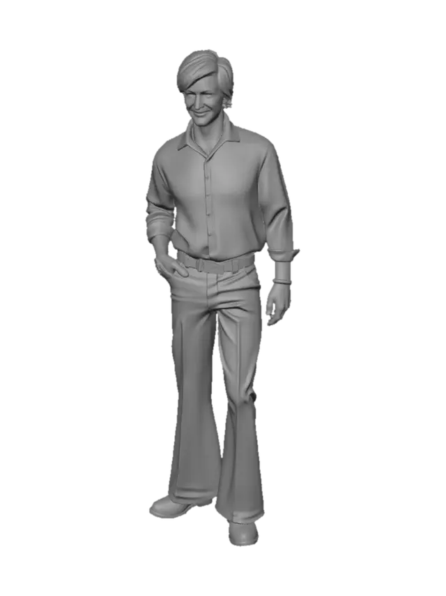 3D model for Soviet children's film style, 1970s aesthetics, casual 1970s suburban Soviet disco fashion, Andrei Kharybin as Mishka (boy)