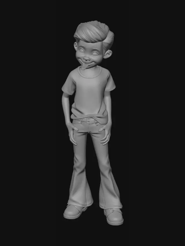 3D model for Soviet children's film style, 1970s aesthetics, casual 1970s suburban Soviet disco fashion, Dmitri Yuzovsky as Mitka (boy)