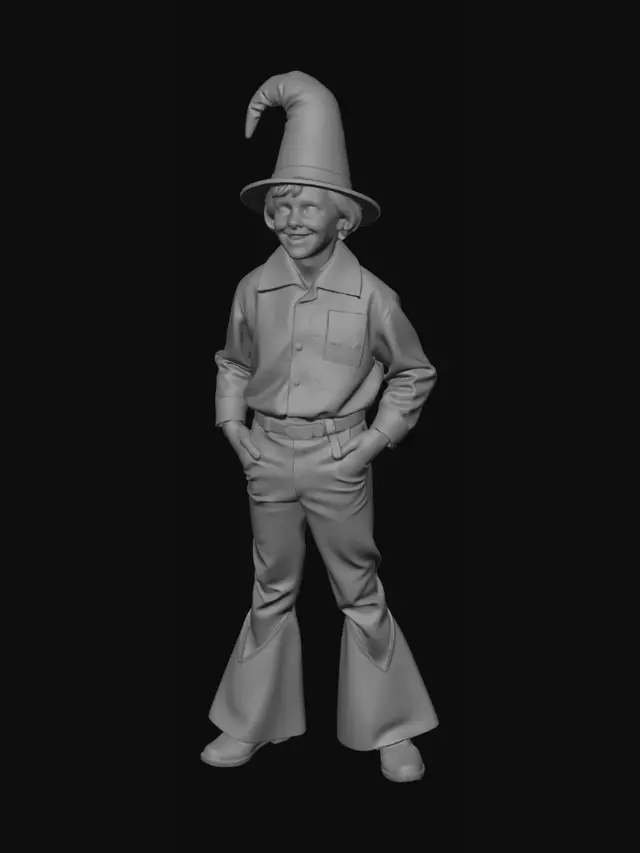 3D model for Soviet children's film style, 1970s aesthetics, casual 1970s suburban Soviet disco fashion, Sergei Yevsyunin as Wizard (boy)