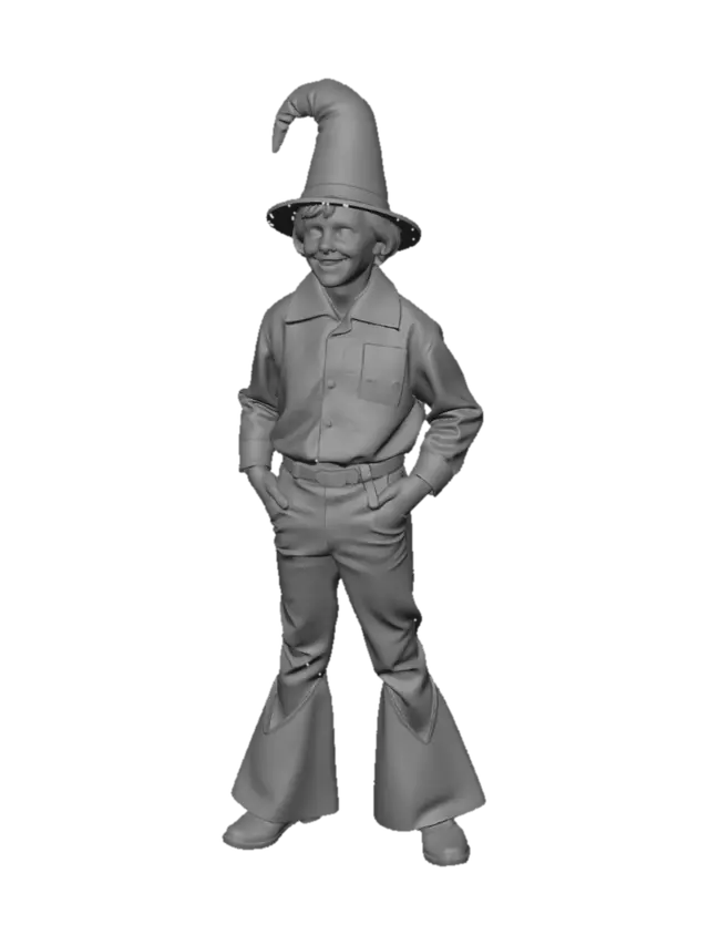 3D model for Soviet children's film style, 1970s aesthetics, casual 1970s suburban Soviet disco fashion, Sergei Yevsyunin as Wizard (boy)