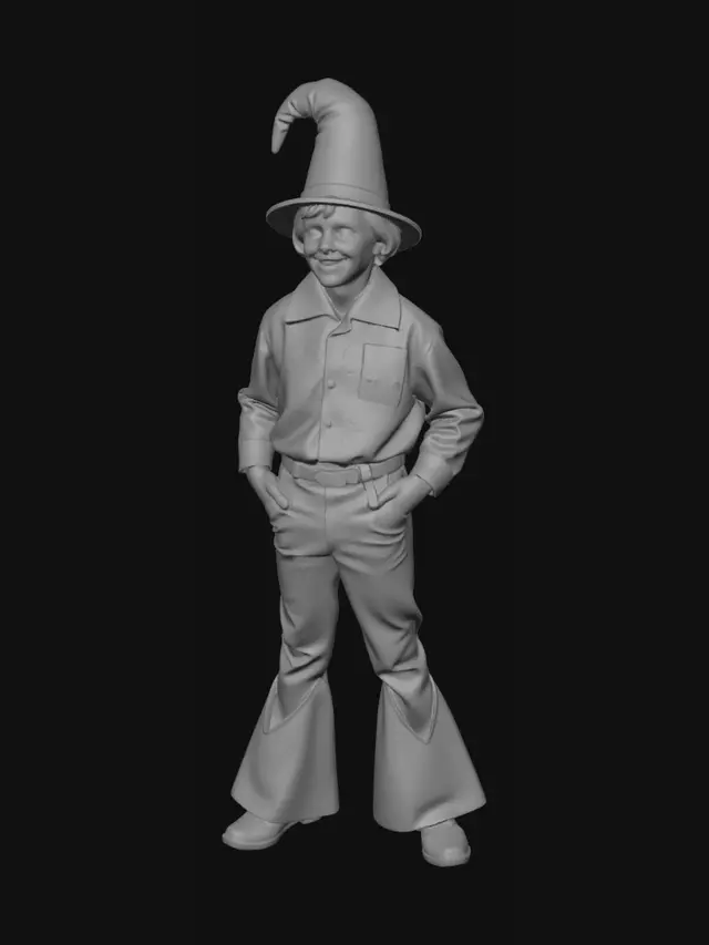 3D model for Soviet children's film style, 1970s aesthetics, casual 1970s suburban Soviet disco fashion, Sergei Yevsyunin as Wizard (boy)