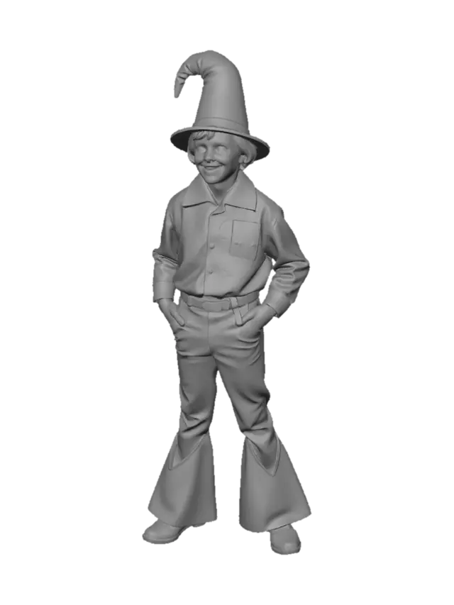 3D model for Soviet children's film style, 1970s aesthetics, casual 1970s suburban Soviet disco fashion, Sergei Yevsyunin as Wizard (boy)