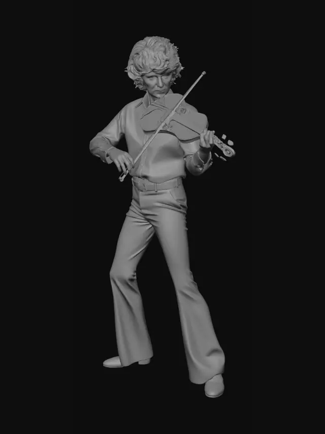 3D model for Soviet children's film style, 1970s aesthetics, casual 1970s suburban Soviet disco fashion, Gerasim Voronkov as violinist Leonid