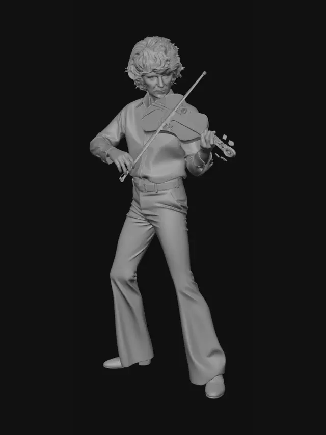3D model for Soviet children's film style, 1970s aesthetics, casual 1970s suburban Soviet disco fashion, Gerasim Voronkov as violinist Leonid