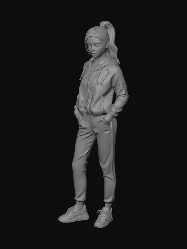 3D model for American drama television miniseries style, information age aesthetics, casual digital and network era's urban Manhattan-based athleisure fashion, Ava Yaghmaie as Joanie, a resident doctor at Toby's hospital