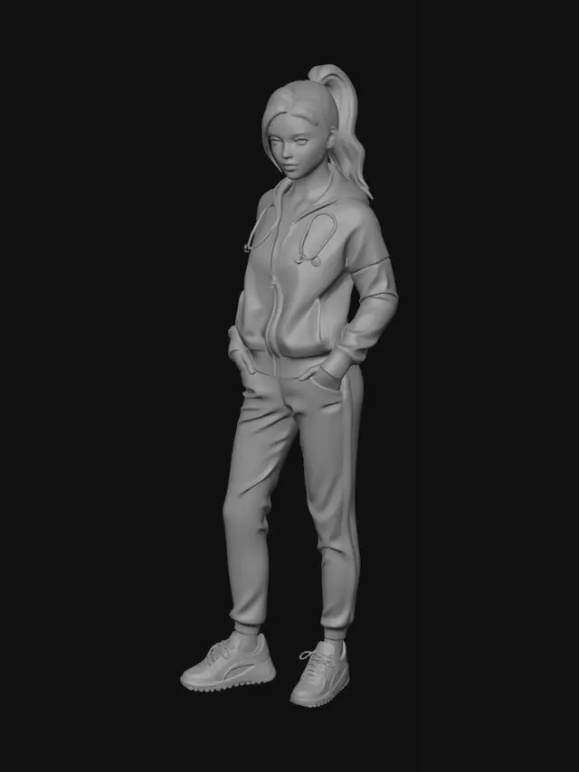 3D model for American drama television miniseries style, information age aesthetics, casual digital and network era's urban Manhattan-based athleisure fashion, Ava Yaghmaie as Joanie, a resident doctor at Toby's hospital