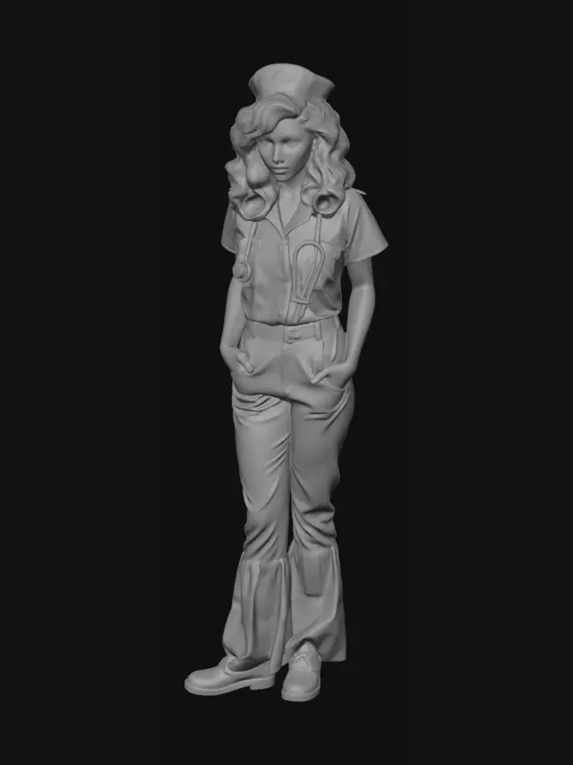 3D model for American horror film style, 1970s aesthetics, casual urban Brooklyn-based hospital fashion made in 1973, Alley Ninestein as Nurse