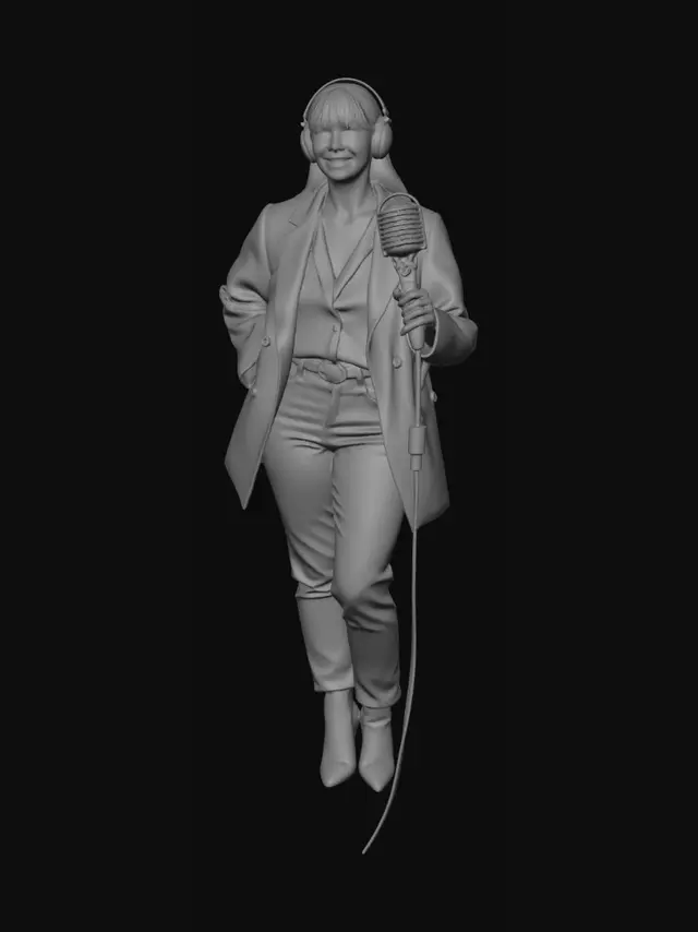 3D model for British television movie style, 1980s aesthetics, casual mid-1980s metropolitan Northern Irish fashion with Bright colors, Lynda Jayne Caithness as Radio Presenter