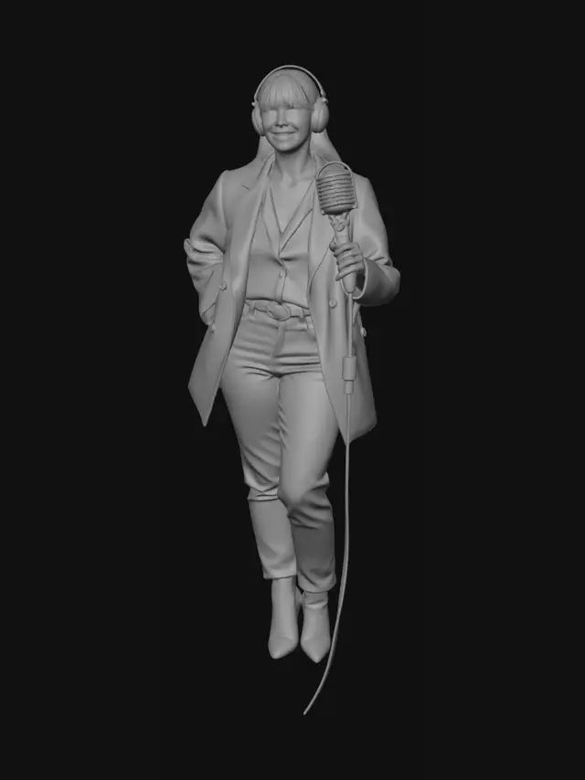 3D model for British television movie style, 1980s aesthetics, casual mid-1980s metropolitan Northern Irish fashion with Bright colors, Lynda Jayne Caithness as Radio Presenter