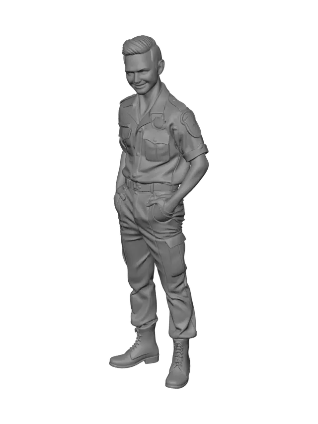 3D model for American adventure film style, 1960s aesthetics, early-1960s urban French Polynesia-related army fashion, Louis Mercier as Corporal