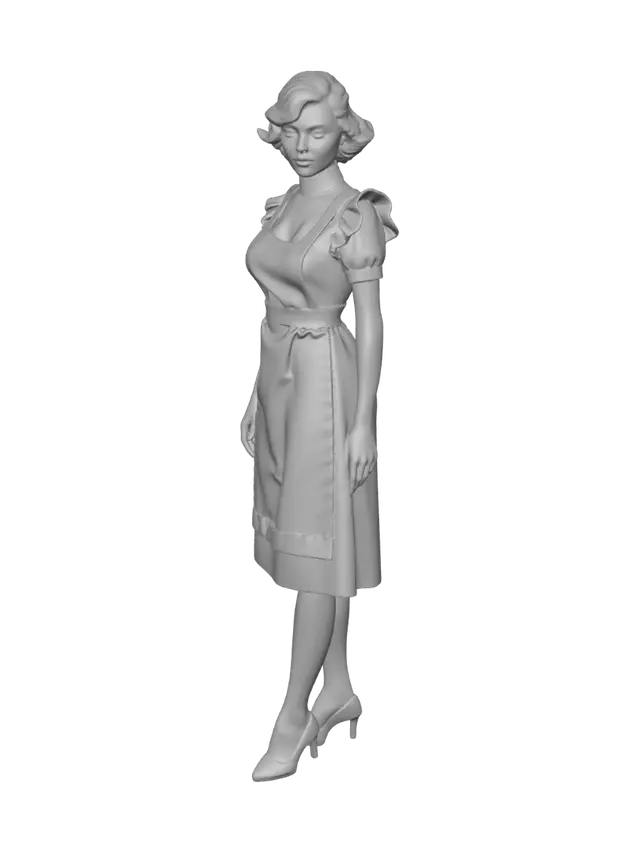 3D model for Italian horror film style, 1960s aesthetics, Mid-1960s suburban Italian maid's fashion, Tilde Till as Louise, the maid