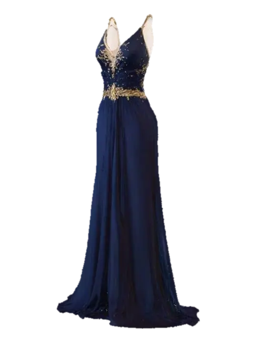 Vestido de noche largo y azul oscuro, con pedrería de cristales dorados por la cintura… - Ropa 3D model, vytvořený pomocí AI