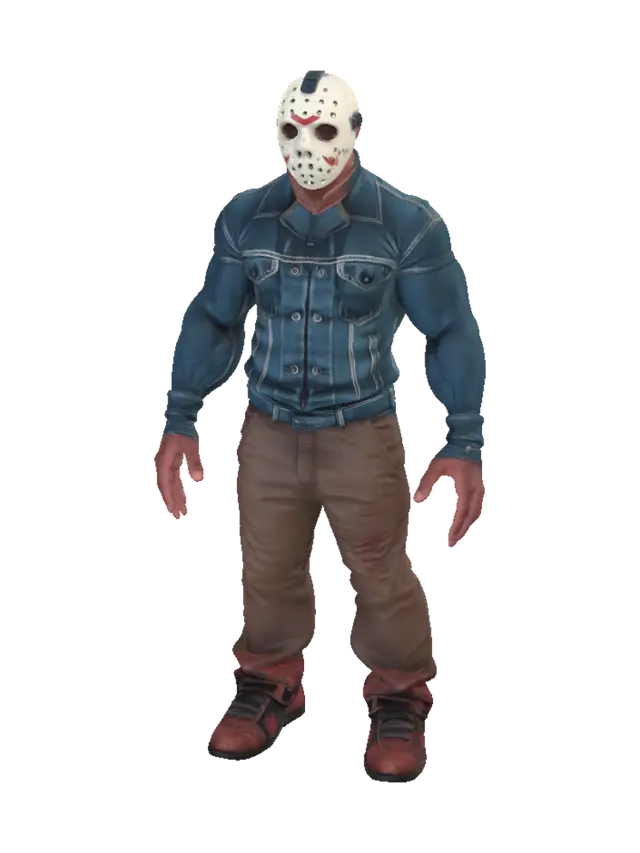 3D model for Flat shaded very low poly muscular human monster, sturdy blocky geometry, creepy hockey mask, large tall figure, simple geometry, game ready character, wearing dark clothes, roblox R6 style