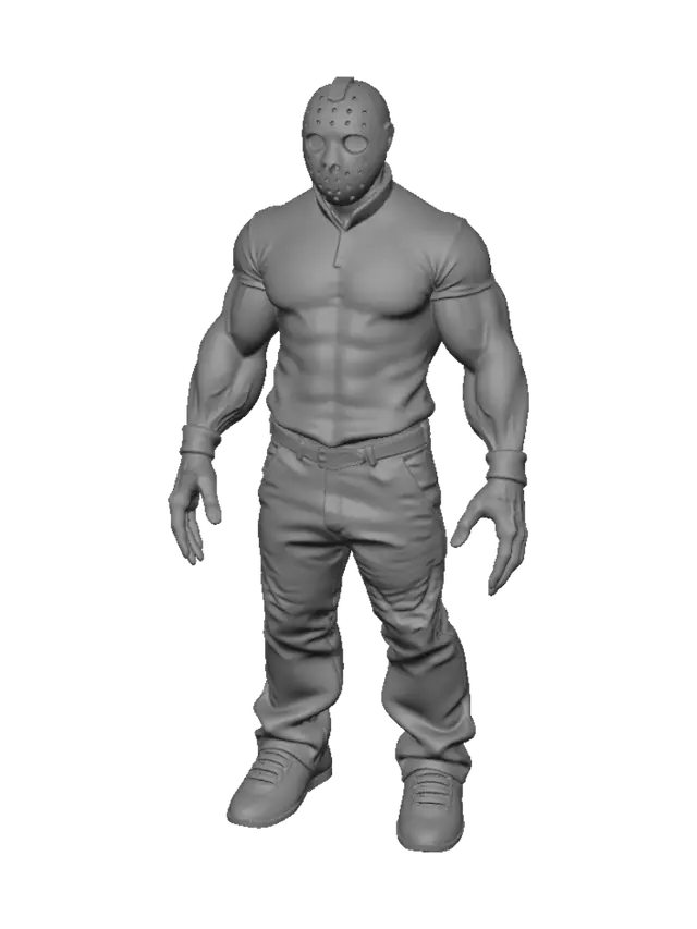 3D model for Flat shaded very low poly muscular human monster, sturdy blocky geometry, creepy hockey mask, large tall figure, simple geometry, game ready character, wearing dark clothes, roblox R6 style