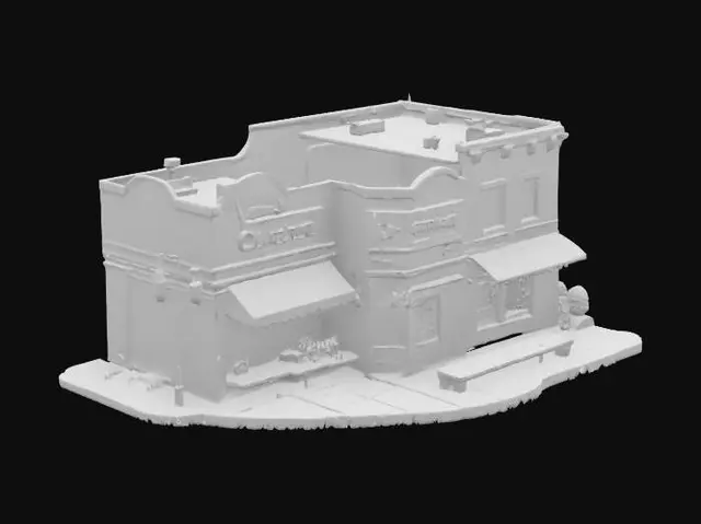 3D model for a strip of shops that look a little worn out. 