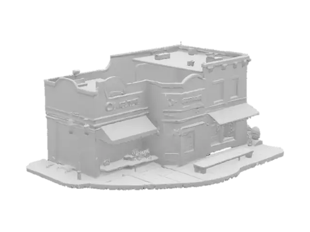 3D model for a strip of shops that look a little worn out. 