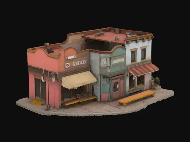 3D model for a strip of shops that look a little worn out. 